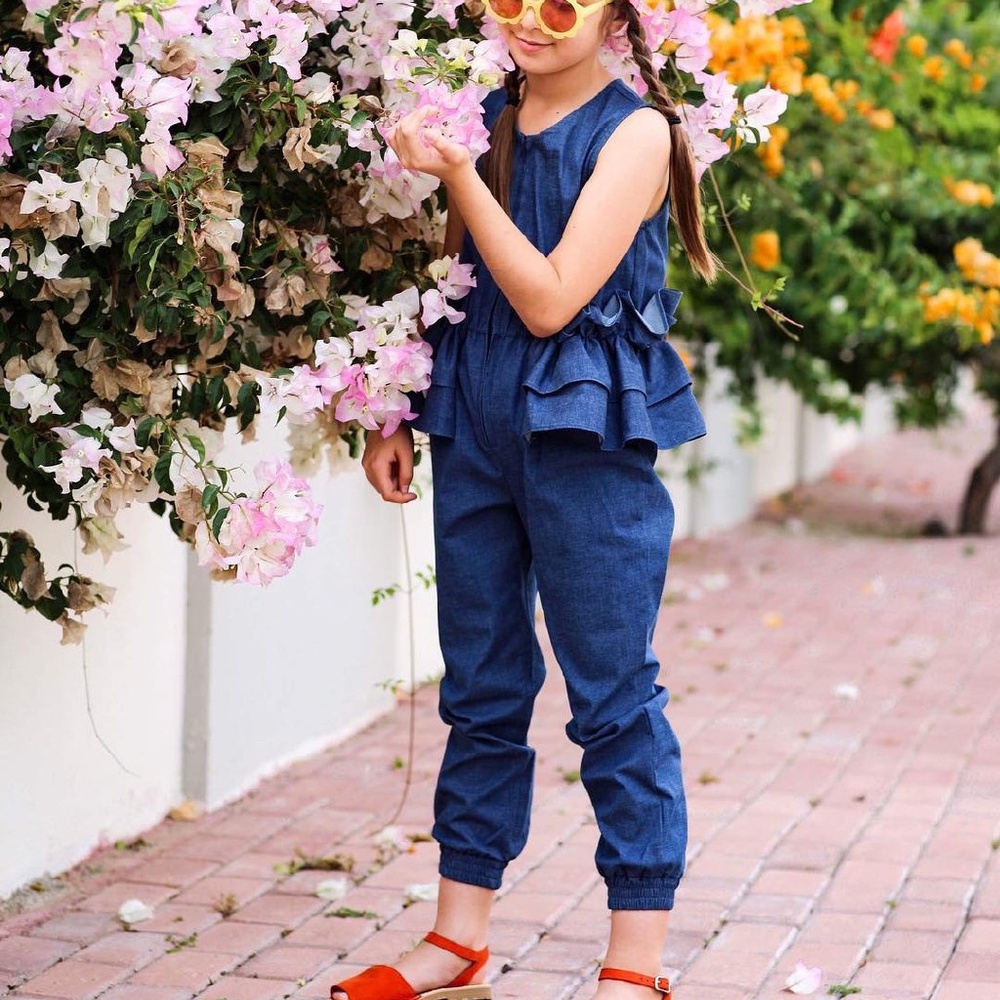 Moque Girls Denim Jumpsuit Size 8 with Ruffle Waist – Blue Cotton Romper
